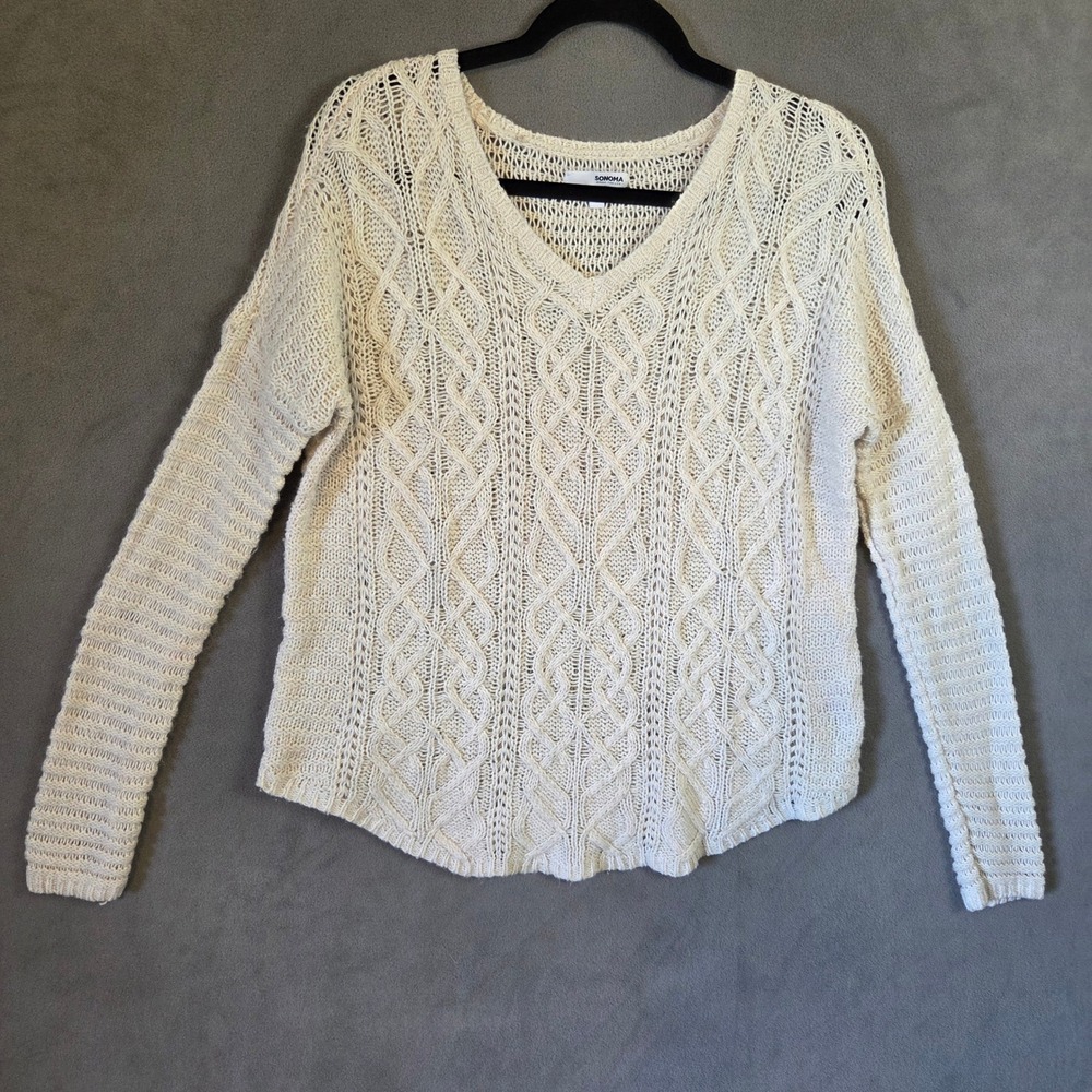 V-Neck Cable Knit Sweater Women's Small Cream Boho Coastal Classic Casual